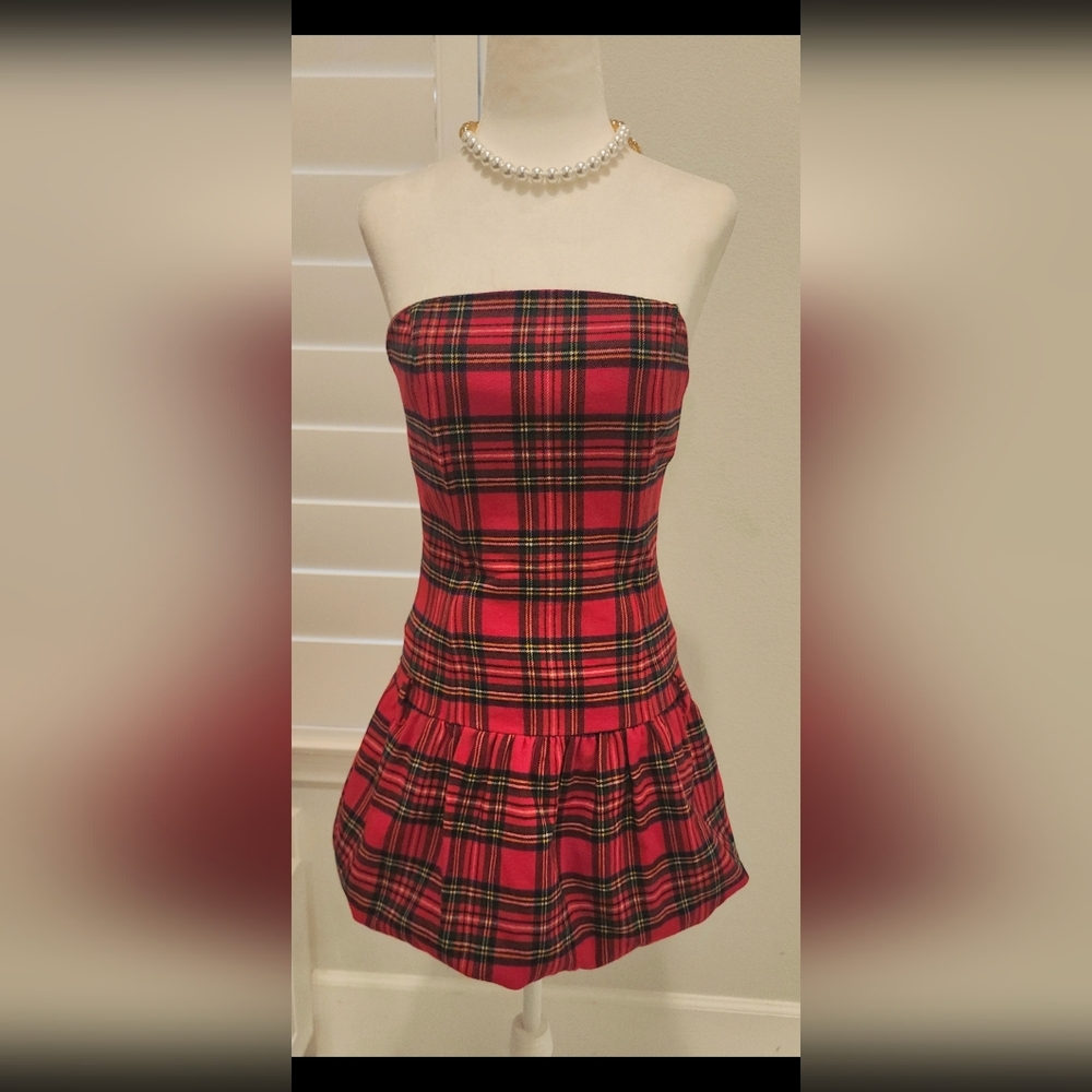 Red Plaid Tube Dress With Balloon Bottom Style